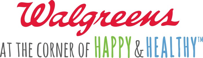 Walgreens logo and slogan - at the corner of happy and health