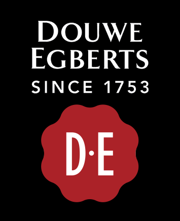 Douwe Egberts DE logo, wordmark, black bg