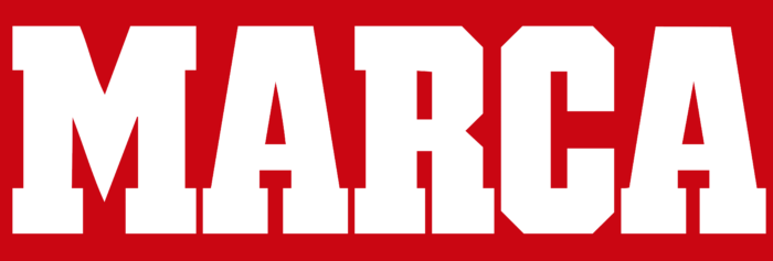 Marca logo, white, red background