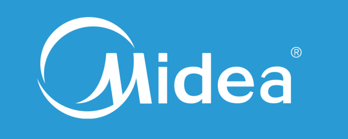Midea logo, blue bg